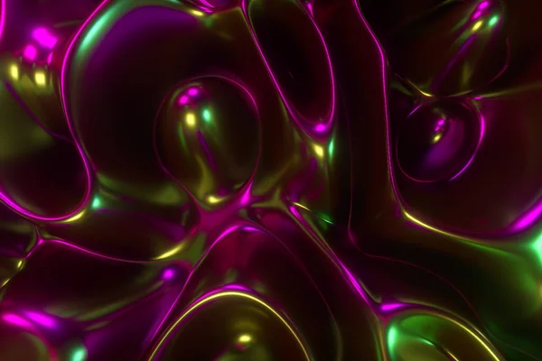 Abstrakte 3D-Illustration holographische Öloberfläche Hintergrund, Folie wellige Oberfläche, Welle und Wellen, ultraviolettes modernes Licht, neonrosa Spektrum Farben. — Stockfoto
