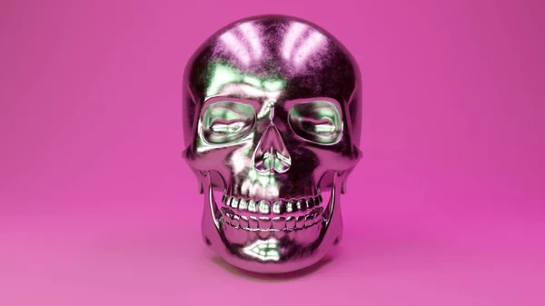 Un metallo graffiato teschio umano glamour sfondo rosa. Illustrazione 3d — Foto Stock