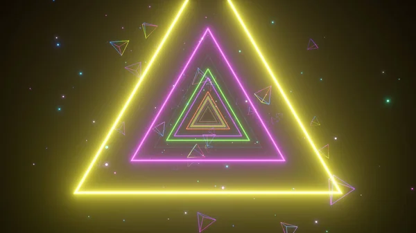 Nekonečný tunel světlých pestrobarevných neonových trojúhelníků pro hudební videa, noční kluby, projekční plátna, promítací show, video mapování, audiovizuální performance, módní akce. 3D ilustrace — Stock fotografie