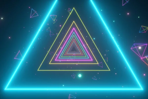 An endless tunnel of luminous multicolored neon triangles for music videos, night clubs, LED screens, projection show, video mapping, audiovisual performance, fashion events. 3d illustration
