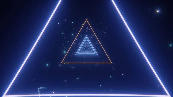 An endless tunnel of luminous multicolored neon triangles for music videos, night clubs, LED screens, projection show, video mapping, audiovisual performance, fashion events. 3d illustration — 스톡 사진
