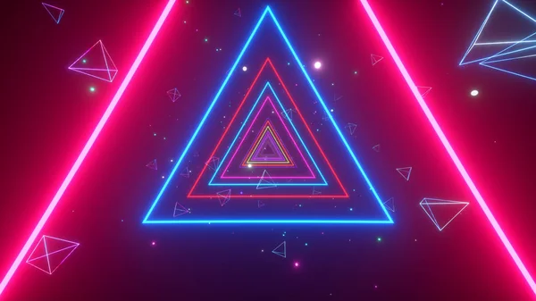 Un tunel nesfârșit de triunghiuri luminoase multicolore de neon pentru videoclipuri muzicale, cluburi de noapte, ecrane LED, spectacol de proiecție, cartografiere video, performanță audiovizuală, evenimente de modă. Ilustrație 3d — Fotografie, imagine de stoc