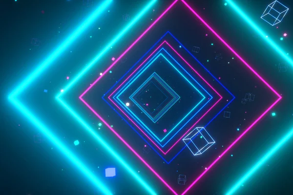 An endless tunnel of luminous multicolored neon squares for music videos, night clubs, LED screens, projection show, video mapping, audiovisual performance, fashion events. 3d illustration — Stockfoto