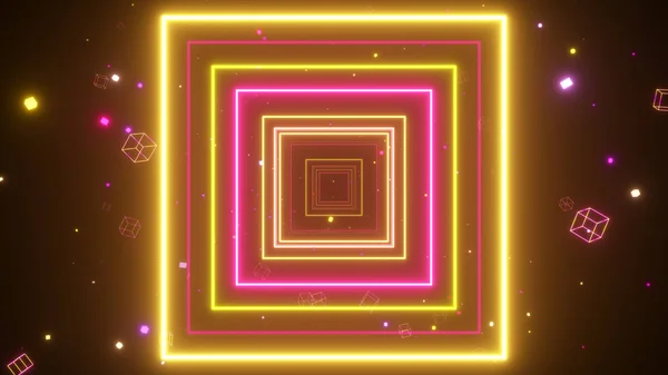 Nekonečný tunel světlých pestrobarevných neonových čtverců pro hudební videa, noční kluby, LED obrazovky, promítací show. Moderní ultrafialové modré světelné spektrum. 3D ilustrace — Stock fotografie