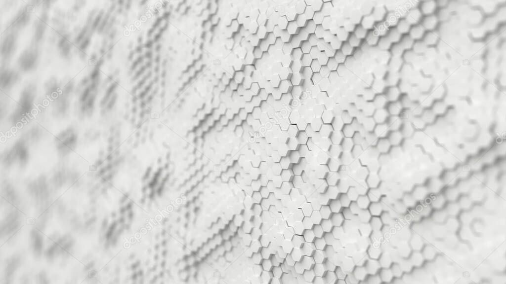 Abstract white minimalistic background made of plastic hexagons with shallow depth of field. Light minimal hexagonal grid pattern animation in modern clean white. 3d illustration