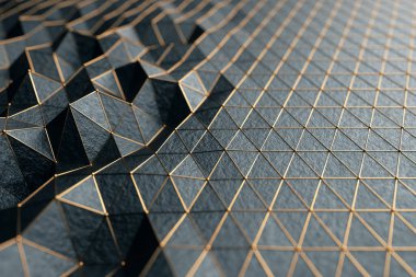 Abstract 3d illustration cg low polygonal Black surface. Geometric triangular lines. 3d render motion technology background. Triangle segments. Luxury backdrop. Gold neon wireframe lines