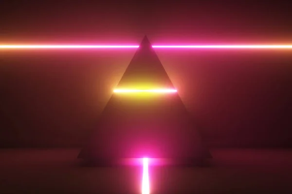 3d illustratie, gloeiende neon licht piramide, laser show, lege ruimte, disco, esoterische energie, abstracte achtergrond, ultraviolet spectrum — Stockfoto