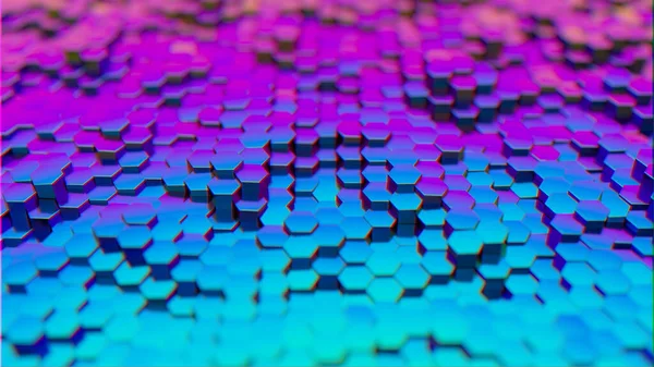 Абстрактные шестиугольники на фоне случайных движений, трехмерная иллюстрация. Современный ультрафиолетовый спектр света. Синий фиолетовый цвет — стоковое фото