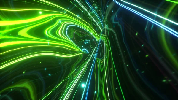 3d illustratie, abstracte topografische animatie achtergrond, fluorescerend ultraviolet licht, gloeiende neon lijnen, naar binnen bewegen, groen spectrum, moderne kleurrijke verlichting — Stockfoto