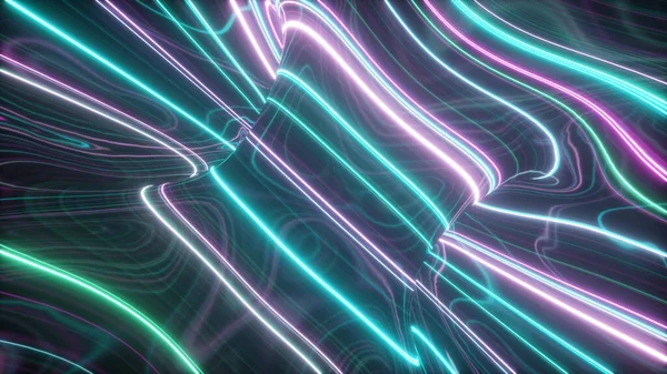 3d illustration, abstract topographic animation background, fluorescent ultraviolet light, glowing neon lines, move inside, blue pink spectrum, modern colorful illumination — Stok fotoğraf