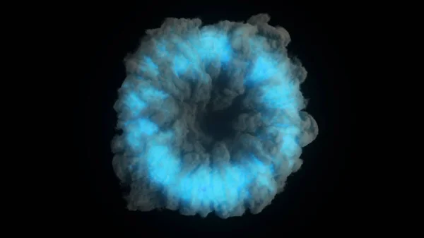 Abstract portal in thick puffs of smoke on an isolated black background. Glowing blue neon light in the smoke. 3d illustration — Stock Photo, Image