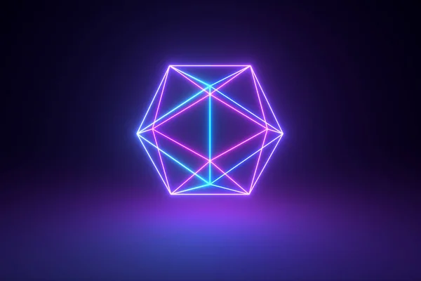 Rotating abstract geometric neon figure. Modern ultraviolet blue purple light spectrum. 3d illustration — 图库照片