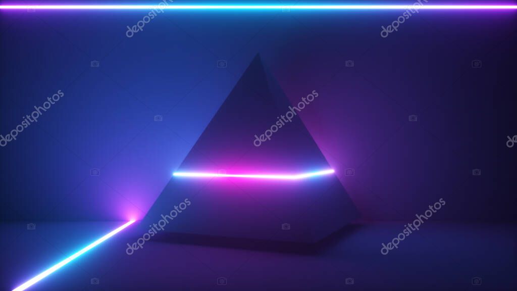 3d illustration, glowing neon light pyramid, laser show, blank space, disco, esoteric energy, abstract background, ultraviolet spectrum