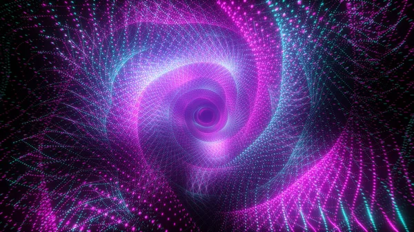 Vuelo tecnológico abstracto en el espacio digital. Puntos de neón brillantes formando un túnel de transmisión de datos. Espectro de luz azul púrpura ultravioleta moderno. ilustración 3d — Foto de Stock