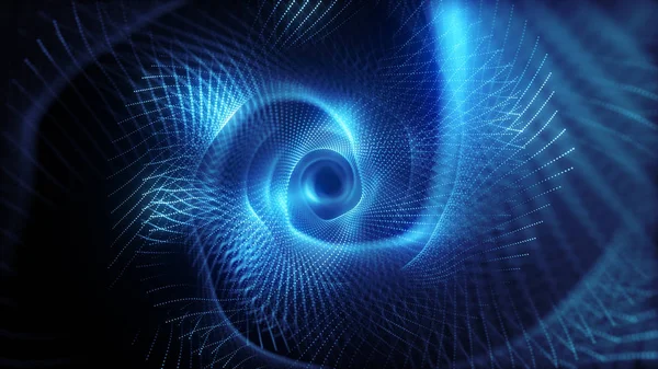 Voo tecnológico abstrato no espaço digital. Pontos de néon brilhantes formando um túnel de transmissão de dados. Espectro de luz azul moderno. ilustração 3d — Fotografia de Stock