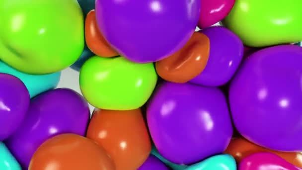 Абстрактные разноцветные мячи двигаются и взаимодействуют друг с другом с внутренним давлением, пытаясь найти для себя место . — стоковое видео