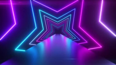 Abstract digital background with rotating neon stars. Modern ultraviolet blue purple light spectrum. Seamless loop 3d render.
