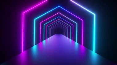 Abstract geometric background with rotating squares, fluorescent ultraviolet light, glowing neon lines, spinning tunnel, modern colorful blue red pink purple spectrum, seamless loop 3d render