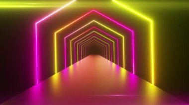 Abstract geometric background with rotating squares, fluorescent ultraviolet light, glowing neon lines, spinning tunnel, modern colorful yellow pink purple spectrum, seamless loop 3d render