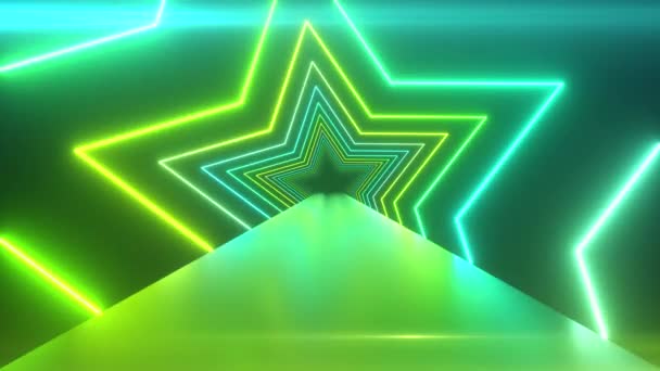 Abstract digital background with rotating neon stars. Modern green light spectrum. Seamless loop 3d render. — 图库视频影像