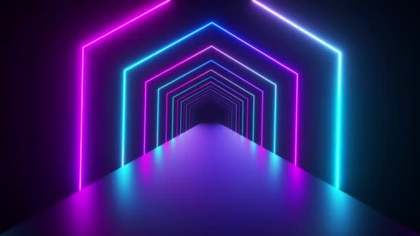 Abstract geometric background with rotating squares, fluorescent ultraviolet light, glowing neon lines, spinning tunnel, modern colorful blue red pink purple spectrum, seamless loop 3d render — 图库视频影像