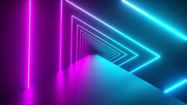Glowing rotating neon triangles creating a tunnel, blue purple pink violet spectrum, fluorescent ultraviolet light, modern colorful lighting, 4k loop animation