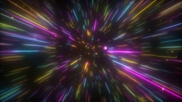 Kosmischer Hyperraum-Hintergrund. Lichtgeschwindigkeit, neonleuchtende abstrakte Strahlen und Sterne in Bewegung. Sich durch Sterne bewegen. Nahtlose 4k-Animation in Schleife — Stockvideo