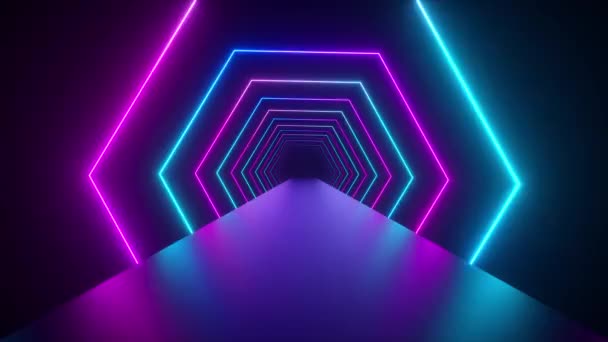 Abstract geometric background with rotating squares, fluorescent ultraviolet light, glowing neon lines, spinning tunnel, modern colorful blue red pink purple spectrum, seamless loop 3d render — 图库视频影像