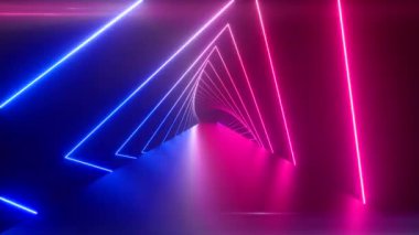 Glowing rotating neon triangles creating a tunnel, blue purple pink violet spectrum, fluorescent ultraviolet light, modern colorful lighting, 4k loop animation