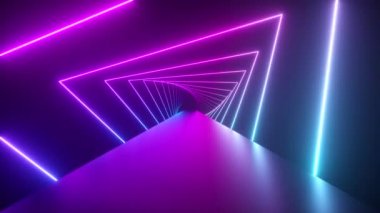 Glowing rotating neon triangles creating a tunnel, blue purple pink violet spectrum, fluorescent ultraviolet light, modern colorful lighting, 4k loop animation