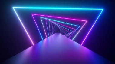 Parlayan neon üçgenler arasında uçmak bir tünel yaratmak, mavi mor mor mor mor spektrum, floresan ultraviyole ışık, modern renkli aydınlatma, 4k dipsiz döngü animasyonu