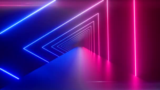 Triángulos de neón giratorios brillantes que crean un túnel, espectro violeta rosa púrpura azul, luz ultravioleta fluorescente, iluminación colorida moderna, animación de bucle 4k — Vídeos de Stock