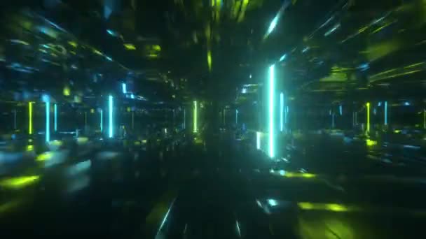Flyger i ett tekniskt abstrakt utrymme med lysande neonrör. Cyberpunk stil. Moderna gröna spektrum av ljus. Sömlös slinga 3d render — Stockvideo