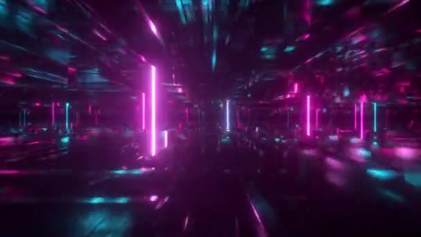 Flying in a technological abstract space with luminous neon tubes. Cyberpunk style. Modern ultraviolet spectrum of light. Blue purple color. Seamless loop 3d render — 비디오