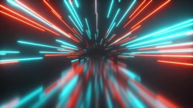 Parlak neon çizgilerle uzayda uçmak. Hiper uzay. Modern ultraviyole ışık tayfı. Mavi kırmızı renk. Kusursuz 3D döngü oluşturucu