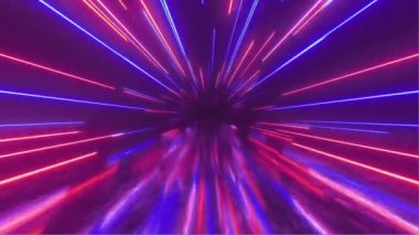 Parlak neon çizgilerle uzayda uçmak. Hiper uzay. Modern ultraviyole ışık tayfı. Mavi mor renk. Kusursuz 3D döngü oluşturucu