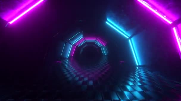 Voo através de corredor hexagonal, túnel brilhante, luz de néon azul rosa, fundo abstrato, estilo retro dos anos 80, palco de música pop, pódio de moda. Laço sem costura 3d render — Vídeo de Stock