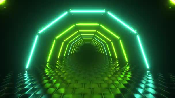 Vuelo a través de corredor hexagonal, túnel brillante, luz de neón azul verde, fondo abstracto, estilo retro de los años 80, escenario de música pop, podio de moda. Lazo inconsútil 3d render — Vídeos de Stock