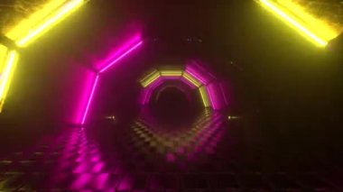 Altıgen koridorda uçuş, parlak tünel, pembe sarı neon ışık, soyut arka plan, 80 'lerin retro tarzı, pop müzik sahnesi, moda podyumu. Kusursuz 3D döngü oluşturucu