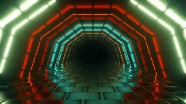 Parlak bir neon geometrik tünelde uçuyorlar. Geleceğin teknolojisi. Modern renk spektrumu. Parlayan neon floresan lambalarla dolu bir oda. Gelecekçi mimari geçmişi. Denizciler 3D döngü oluşturur