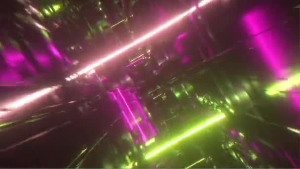 Flyger i ett tekniskt abstrakt utrymme med lysande neonrör. Cyberpunk stil. Modernt ultraviolett spektrum av ljus. Gul lila färg. Sömlös slinga 3d render — Stockvideo