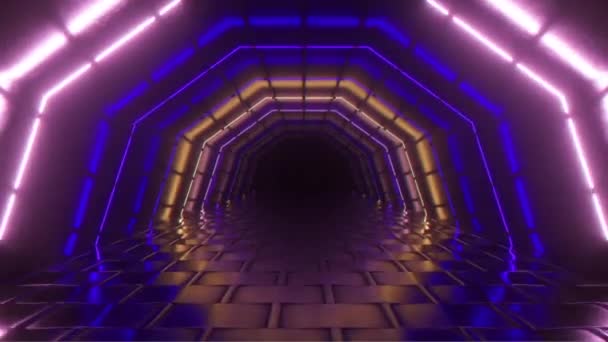 Voar num túnel geométrico de néon brilhante. Tecnologia futura. Espectro de cores moderno. Interior da sala com lâmpadas fluorescentes de néon brilhante. Arquitetura futurista de fundo. Seamlees loop 3d render — Vídeo de Stock