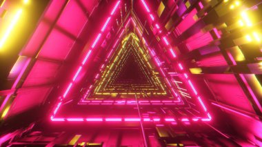 Mor ışık çizgileri hızlı hareket eden güzel soyut üçgen tünel. Arka planda neon ışıkları olan fütürist koridor. 3d illüstrasyon