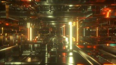 Parlak neon tüplerle teknolojik bir uzayda uçmak. Siber punk tarzı. Modern turuncu ışık tayfı. 3d illüstrasyon