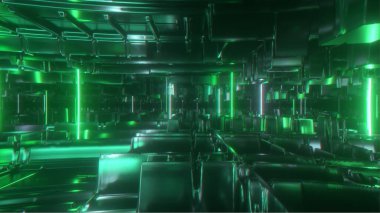 Parlak neon tüplerle teknolojik bir uzayda uçmak. Siber punk tarzı. Modern yeşil ışık tayfı. 3d illüstrasyon