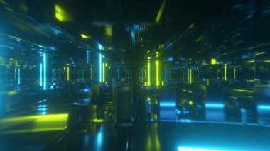 Parlak neon tüplerle teknolojik bir uzayda uçmak. Siber punk tarzı. Modern yeşil ışık tayfı. 3d illüstrasyon