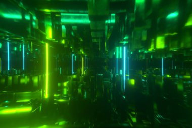 Parlak neon tüplerle teknolojik bir uzayda uçmak. Siber punk tarzı. Modern yeşil ışık tayfı. 3d illüstrasyon