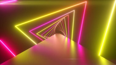 Bir tünel oluşturma parlayan dönen neon üçgenler ile uçan, mavi kırmızı pembe mor spektrum, floresan ultraviyole ışık, modern renkli aydınlatma, 3d çizim
