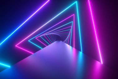 Parlayan neon üçgenler arasında uçmak bir tünel yaratmak, mavi mor mor mor menekşe spektrumu, floresan ultraviyole ışık, modern renkli aydınlatma, 3D illüstrasyon