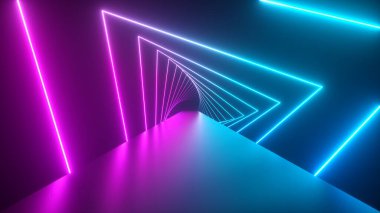 Parlayan neon üçgenler arasında uçmak bir tünel yaratmak, mavi mor mor mor menekşe spektrumu, floresan ultraviyole ışık, modern renkli aydınlatma, 3D illüstrasyon